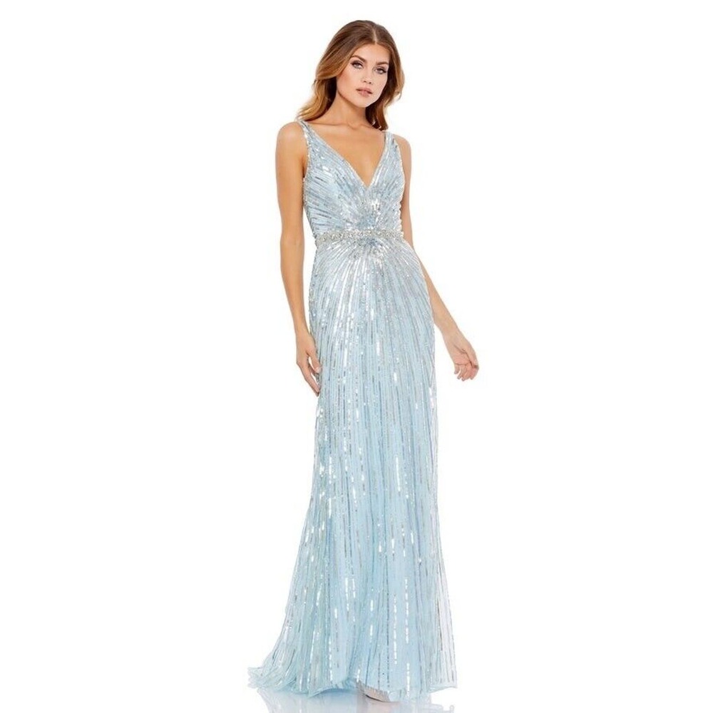 Mac Duggal Size 14 Powder Blue Sequin V-Neck Beaded Evening Gown Long Dress NWT